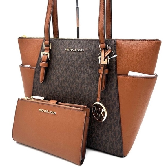 Michael Kors Large Charlotte Tote Bag & Large Double Zip Wallet Brown (NWT) - Picture 2 of 14